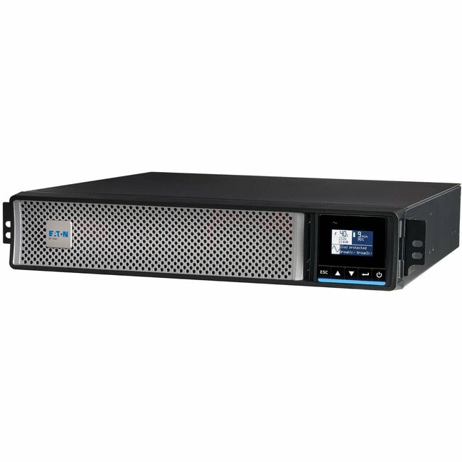 Eaton 5P1500RTNG2 1440VA general purpose UPS in rack or tower setup, with display panel and power buttons visible.