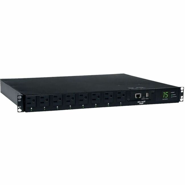 Eaton PDUMH15ATNET PDU with 8 outlets, 120V, 15A, single-phase switched automatic transfer switch, 1U rack-mount.