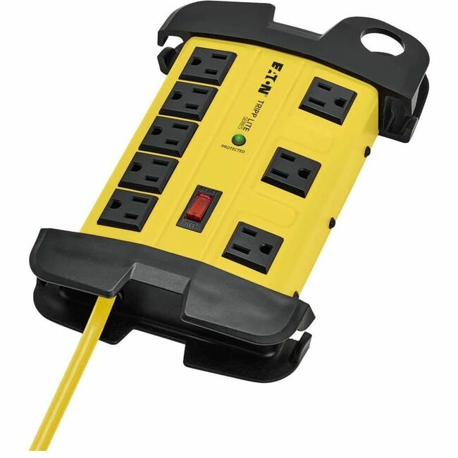 Eaton Tripp Lite Protect It! 8-outlet industrial surge protector with 12 ft cord, 1500 Joules, cord wrap, and hang holes.