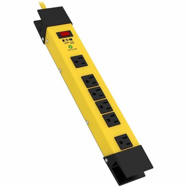 Eaton Tripp Lite Protect It! 6-outlet industrial surge protector with 9 ft cord, 1500 Joules, cord wrap, and hang holes for safety.