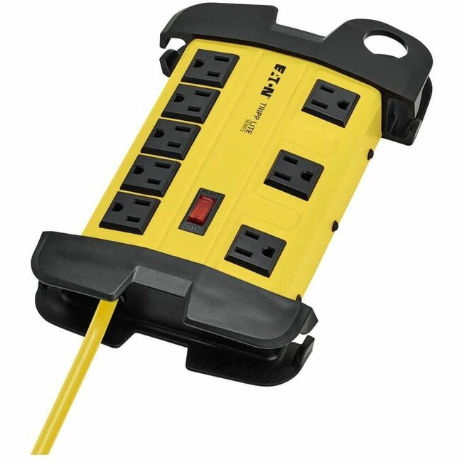 Eaton Tripp Lite 8-outlet safety power strip with 15 ft. cord, hang holes, cord wrap, and outlet covers for electrical safety.