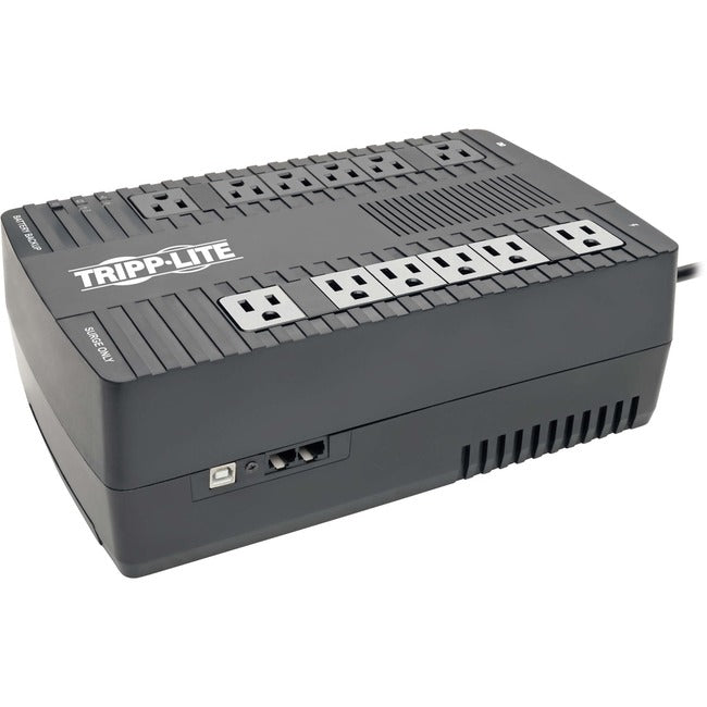 Eaton AVR900U Tripp Lite 900VA line-interactive UPS with 12 NEMA outlets, USB port, for desktop or wall mounting.