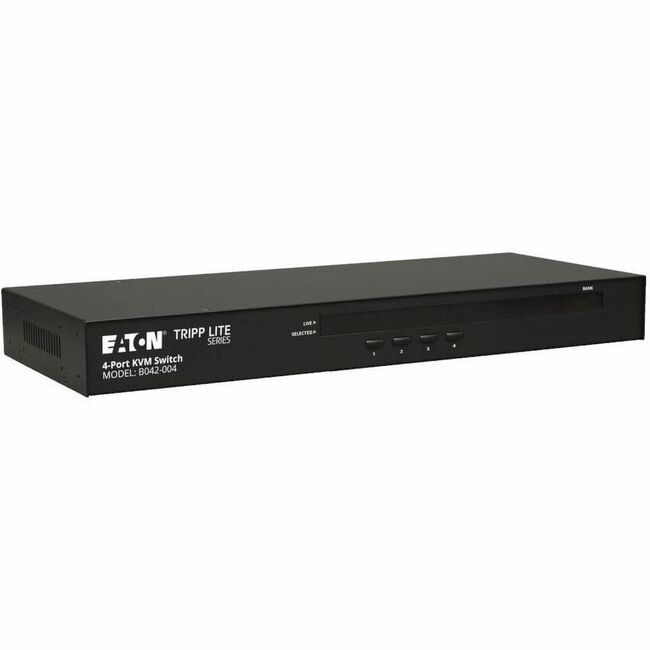 Eaton Tripp Lite 4-port rackmount KVM switch with USB and PS2, on-screen display, 1U rackmount enclosure, black and front panel view