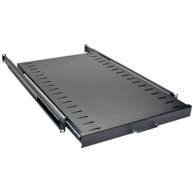 Eaton Tripp Lite SmartRack sliding shelf for rack equipment, 28.3 inches deep, supports up to 50 lbs, black metal construction