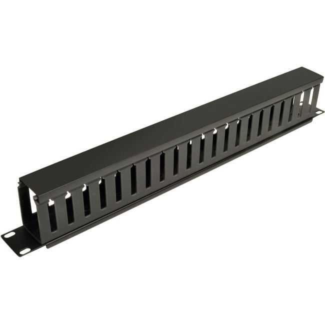 Eaton Tripp Lite SmartRack 1U horizontal cable manager with finger duct and cover for organized server rack cabling.