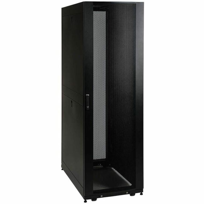 Eaton SR48UB Tripp Lite 48U SmartRack standard-depth rack enclosure with doors and side panels for data center equipment.