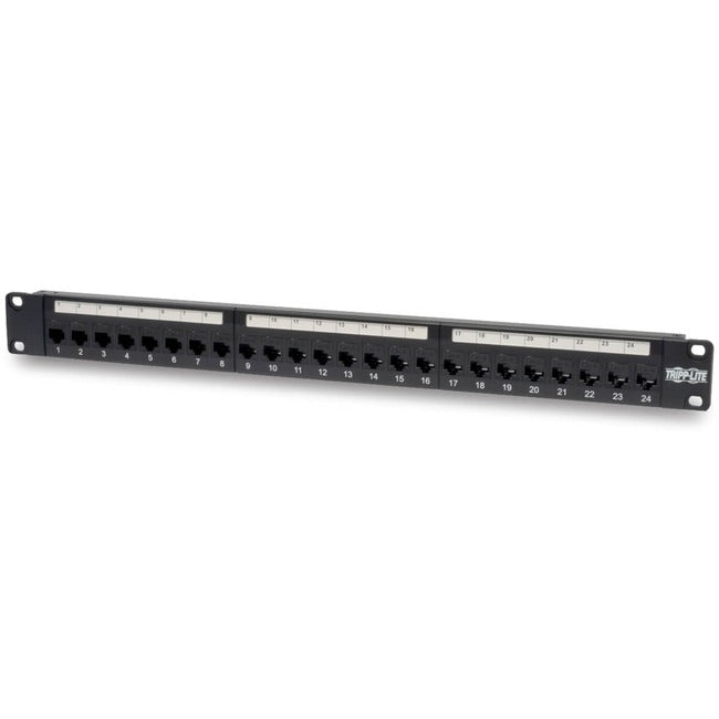 Eaton Tripp Lite 24-port 1U rack-mount Cat6/Cat5 Ethernet patch panel with RJ45 connectors for network cabling.