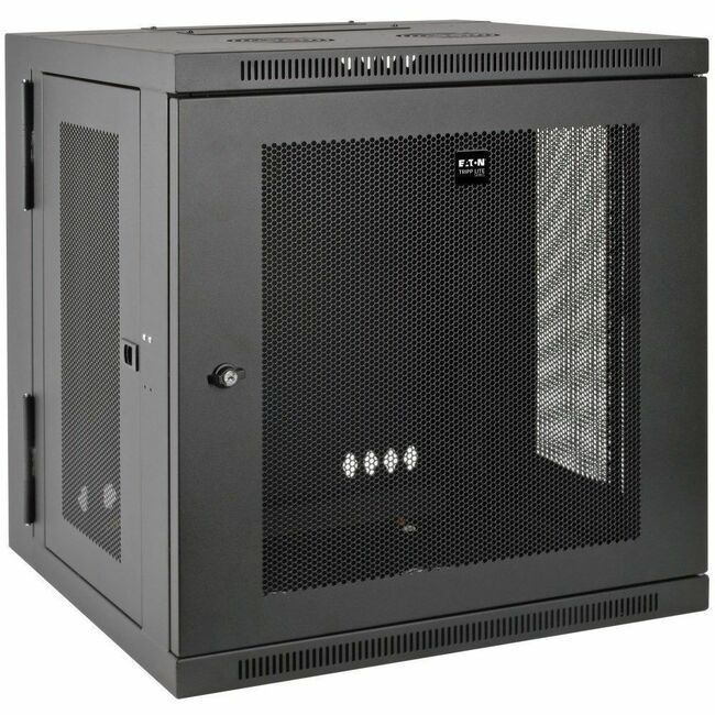 Eaton Tripp Lite SmartRack 12U low-profile wall-mount rack enclosure with hinged back, suitable for network and server equipment.