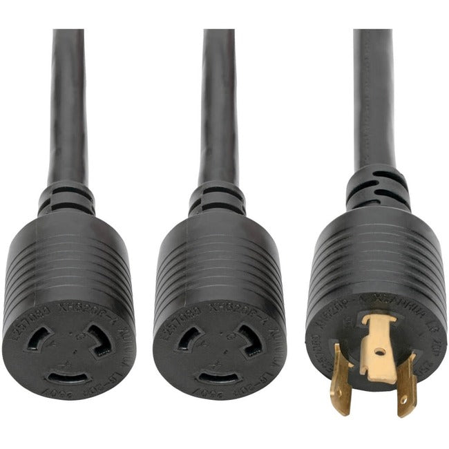 Eaton Tripp Lite power extension cord splitter with NEMA L6-20P to two NEMA L6-20R outlets, 20A, 250V, 10 AWG, black.