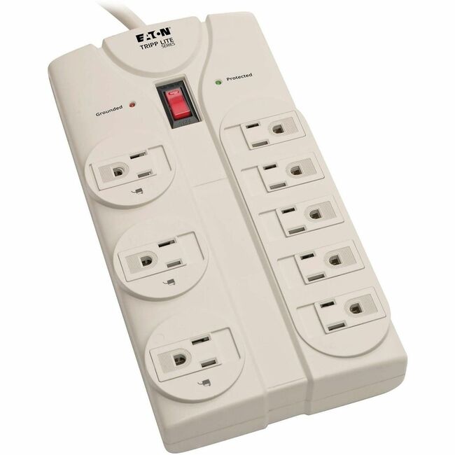 Eaton TLP808 Tripp Lite Series Protect It! 8-Outlet Surge Protector, 8 ft. Cord with Right-Angle Plug, 1440 Joules, Diagnostic LEDs, Light Gray Housing