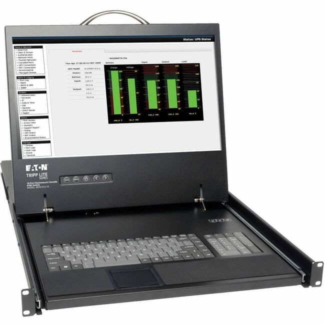 Eaton Tripp Lite 16-port Cat5 Rack-Mount KVM switch with 19-inch LCD display in a 1U rack-mount enclosure.