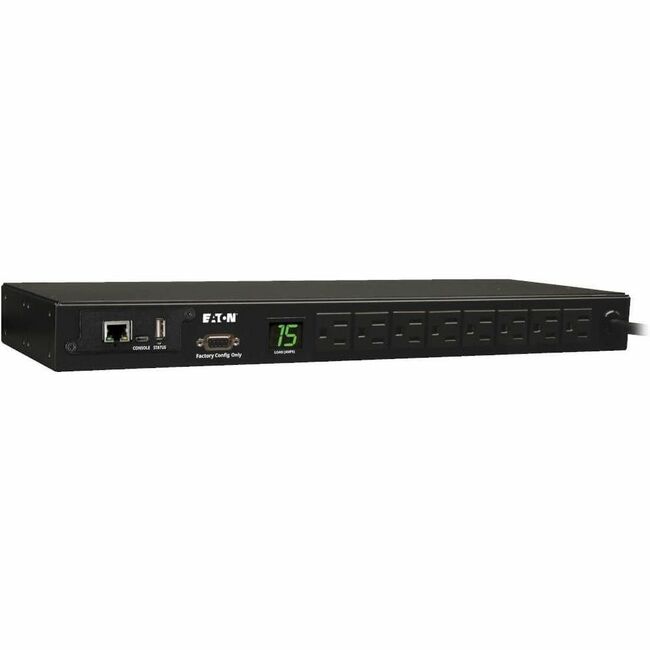 Eaton PDUMNH15 Tripp Lite monitored PDU with 8 120V outlets, 1.4kW power, 12 ft cord, rack-mount, TAA compliant.