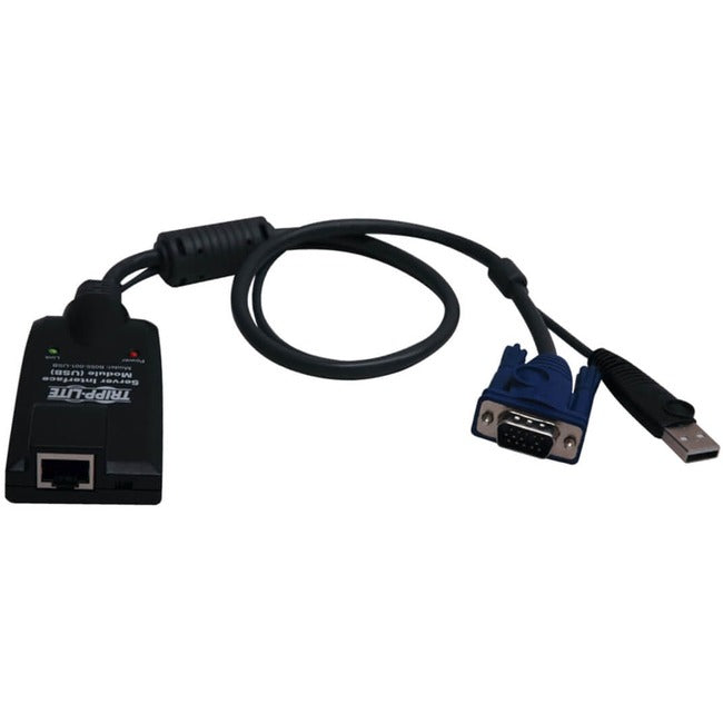 Eaton Tripp Lite NetDirector USB server interface unit with virtual media support, shown with connector cables on a white background.