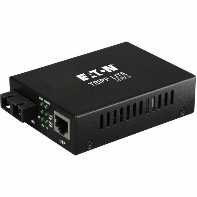 Eaton Tripp Lite gigabit multimode fiber to Ethernet media converter showing SC port and fiber cable connection.