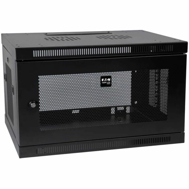 Eaton SmartRack 6U low-profile wall-mount mini rack enclosure with switch-deep design, black metal frame and mounting holes.