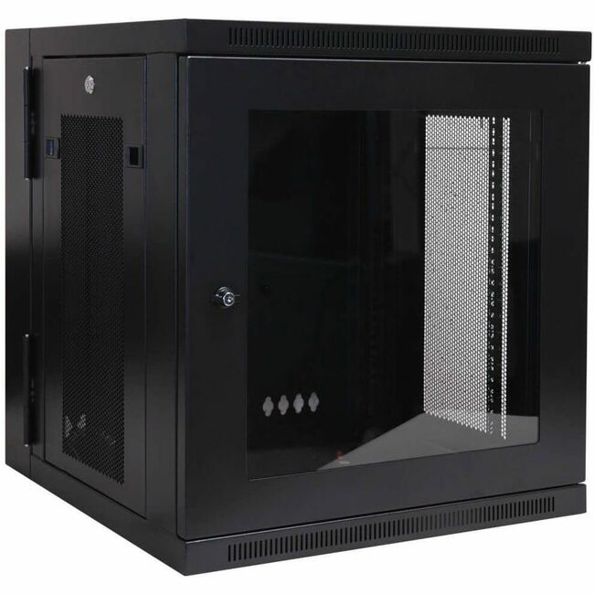 Eaton Tripp Lite SmartRack 12U low-profile wall-mount rack enclosure with clear acrylic window and hinged back for easy access.