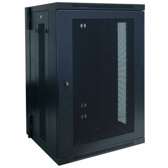 Eaton Tripp Lite SRW18US 18U low-profile wall-mount rack enclosure with hinged back and switch-depth design, for network equipment.