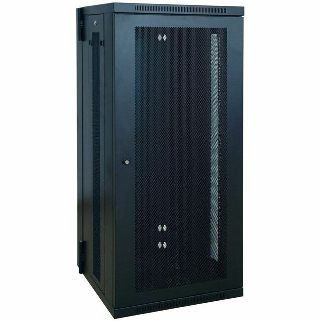 Eaton Tripp Lite SmartRack 26U low-profile wall-mount rack enclosure with hinged back and half-height design for network equipment.