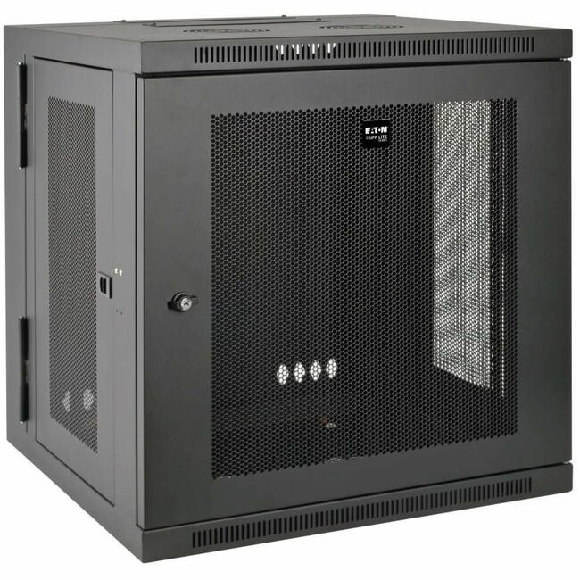 Eaton Tripp Lite SmartRack 10U low-profile wall-mount rack enclosure with hinged back for switch equipment installation.