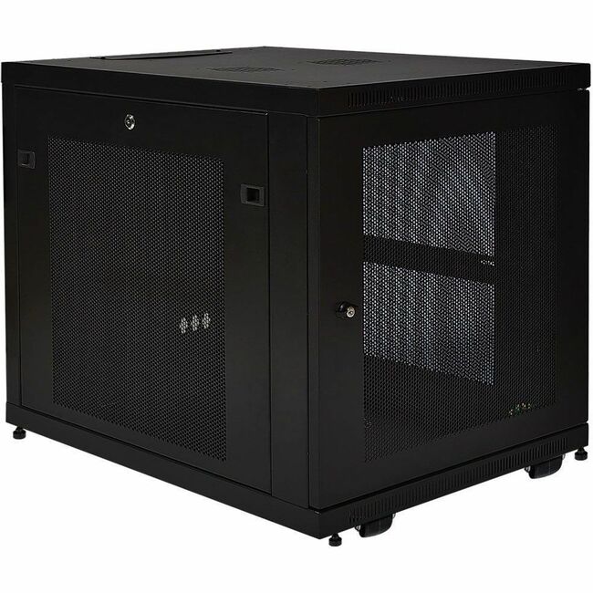 Eaton SR12UB 12U rack enclosure server cabinet with doors and sides, sturdy steel construction, supports up to 1000lb capacity.
