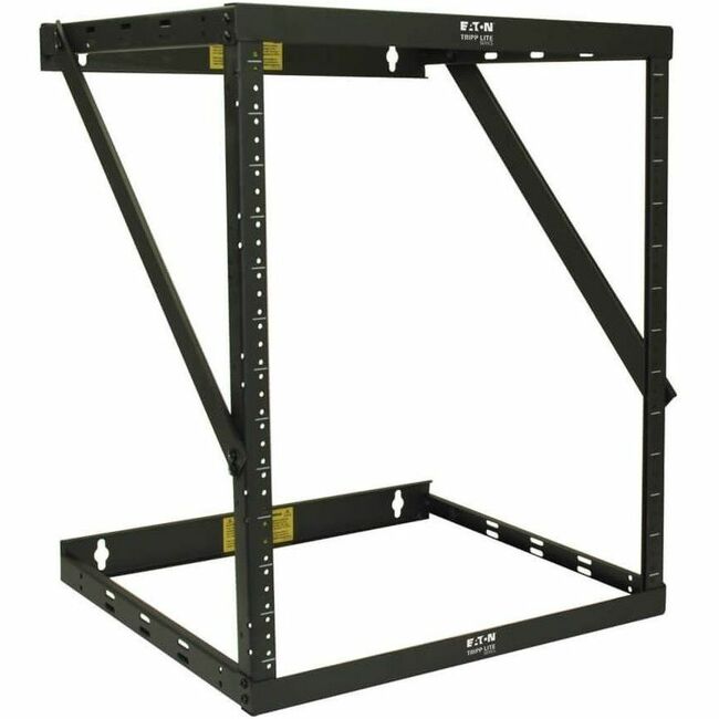 Eaton Tripp Lite SmartRack low-profile wall-mount open frame rack with 8U/12U/22U capacity, shown in flat-pack setup.