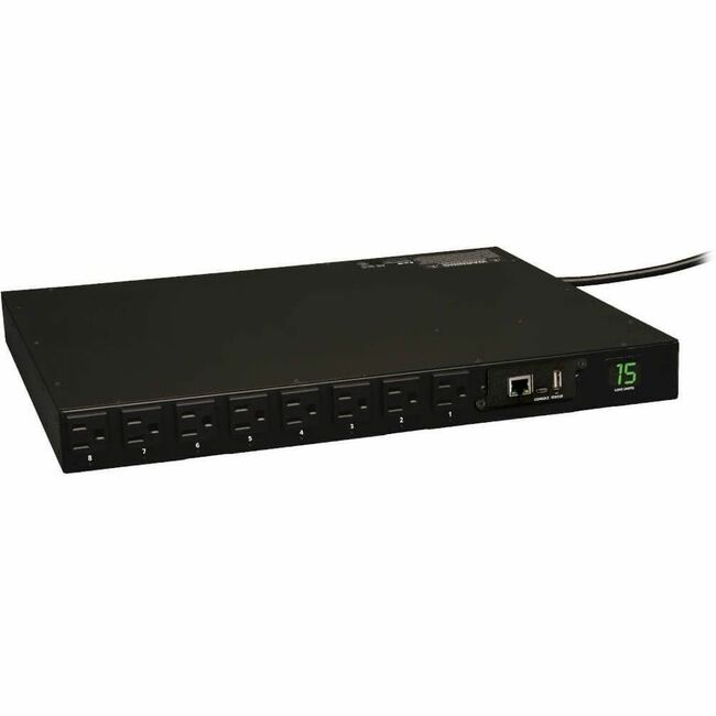 Eaton PDUMH15NET Tripp Lite single-phase switched PDU with 16 5-15R outlets, 120V input, 12 ft cord, 1U rack-mount design.