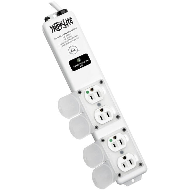 Eaton SPS415HGULTRA medical-grade surge protector with 4 hospital-grade outlets, 15 ft. cord, antimicrobial protection, and safety features.