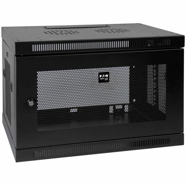 Eaton Tripp Lite SmartRack 9U low-profile wall-mount mini rack enclosure with rack equipment inside.