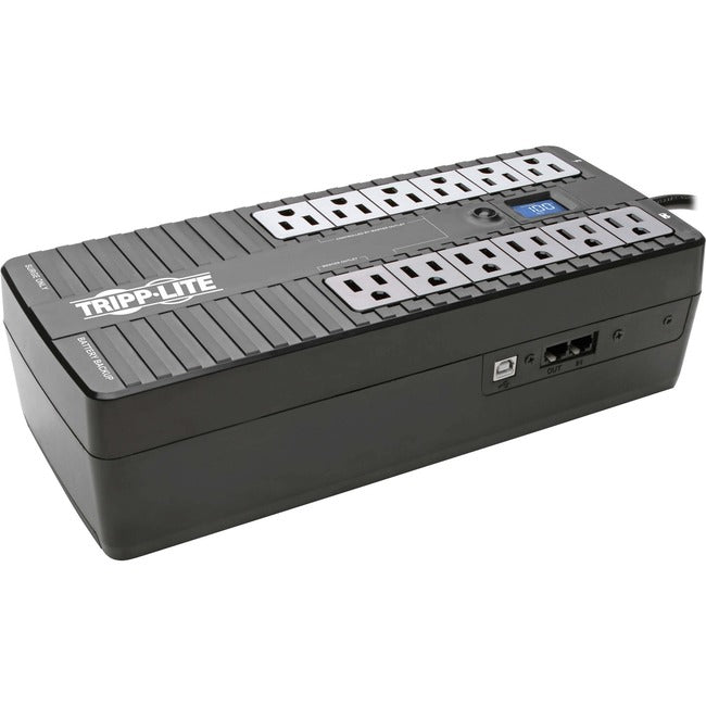 Eaton ECO850LCD Tripp Lite UPS 850VA standby power supply with 12 NEMA outlets, USB, LCD display, suitable for desktop or wall.