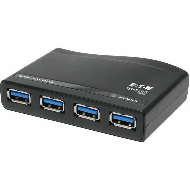 Eaton U360-004-R 4-port USB 3.0 hub with compact design and bus-powered functionality, shown connected to a computer.