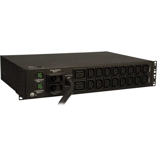 Eaton Tripp Lite PDUMH32HV single-phase 7.4kW PDU with 230V outlets, IEC-309, 12 ft cord, 2U rack-mount, blue color.