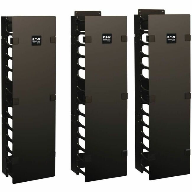 Eaton Tripp Lite SmartRack 6-inch wide high-capacity vertical cable manager with double finger duct and cover, for organized cable management.