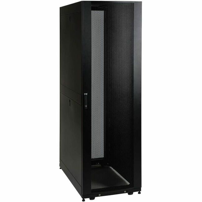 Eaton SR42UBSD Tripp Lite 42U shallow-depth rack enclosure cabinet with doors and side panels, designed for data center equipment.