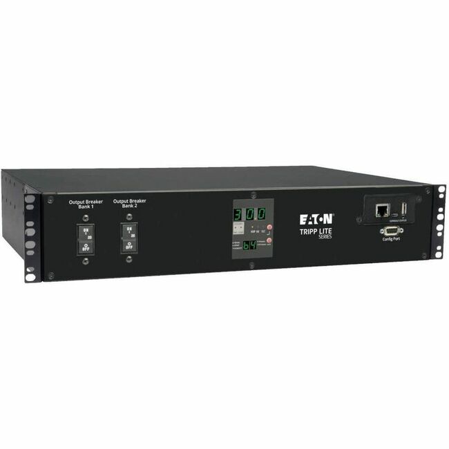 Eaton PDU with two 200-240V L6-30P inputs, 16 C13 outlets, 2 C19 outlets, and 1 L6-30R outlet, 2U rack-mounted.