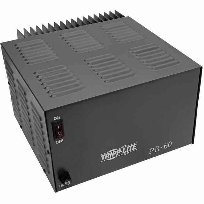 Eaton PR60 Tripp Lite 60-Amp DC power supply showing front view with cooling vents and control panel, TAA-compliant, 13.8VDC output