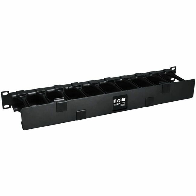 Eaton Tripp Lite SmartRack 1U high capacity horizontal cable manager with finger duct and dual-hinge cover, used for organized cable management.