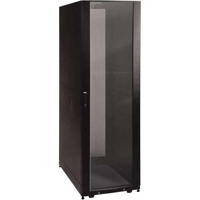 Eaton Tripp Lite SmartRack 42U standard-depth rack enclosure cabinet with clear acrylic window for server and network equipment.