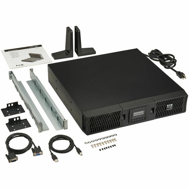 Eaton SmartOnline 1000VA UPS with LCD display, 8 outlets, network card, USB, DB9, 2U rack/tower setup, double-conversion sine wave.