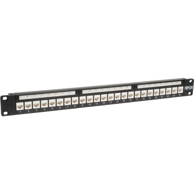 Eaton N250-024-LP Tripp Lite 24-port Cat6/Cat5 low profile patch panel with feed-through design in 1U rack-mount or wall-mount setup