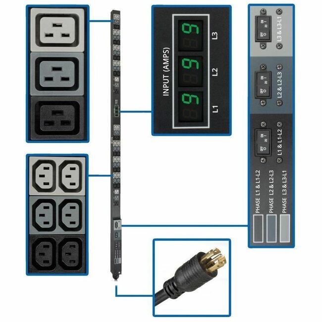 Eaton PDU3MV6L2130 3-phase metered PDU with 36 C13, 6 C19, 6 5-15/20R outlets, 208V L21-30P, 6 ft cord, 0U vertical design