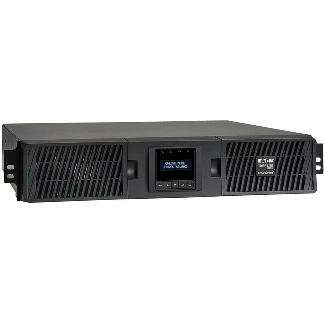 Eaton SU1500RTXLCD2U SmartOnline 1500VA UPS with LCD display, 8 outlets, network card, USB, DB9 ports, 2U rack/tower form.