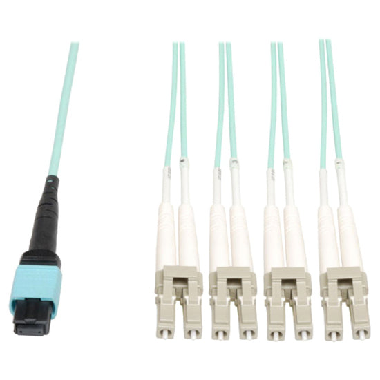 Eaton N844-02M-8LC-P Tripp Lite Series MTP/MPO Fan-Out Cable, MTP/MPO to 4xLC, 40GbE, 40GBASE-SR4, OM3 Plenum-Rated - Aqua, 2M (6 ft.)