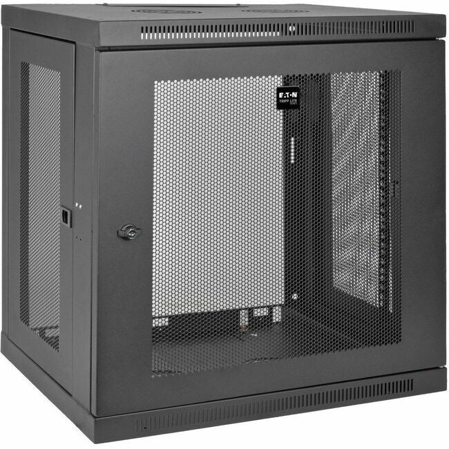 Eaton SmartRack 12U low-profile wall-mount rack enclosure with switch-depth design, black steel construction, and ventilation panels.
