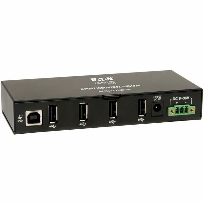 Eaton U223-004-IND industrial-grade 4-port USB 2.0 hub with metal housing and mountable design, 15 kV ESD immunity.