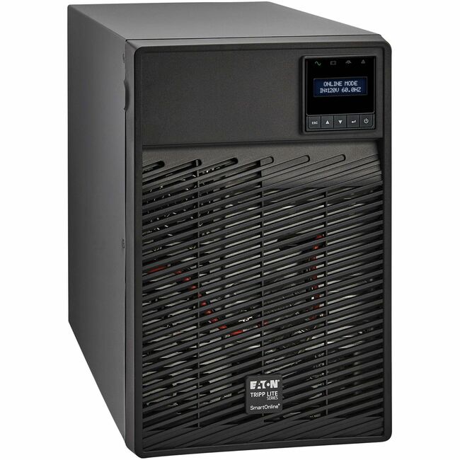 Eaton SU1000XLCD Tripp Lite SmartOnline 1000VA UPS with LCD, 6 outlets, network card, USB, and tower battery backup.
