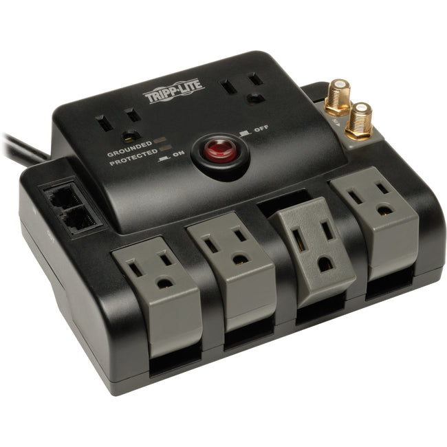 Eaton TLP606RNET Tripp Lite Series Protect It! 6-Outlet Surge Protector - 4 Rotating Outlets, 5-15P Input, 1440 Joules, Tel/Modem/Coax Protection, Black