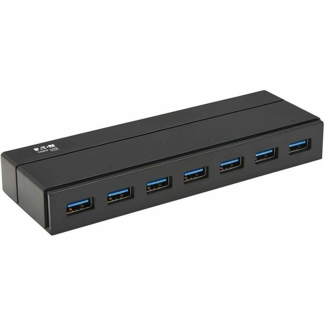 Eaton U360-007 Tripp Lite 7-port USB 3.x hub with 5Gbps transfer speeds and 1.5A charging port, connected to various USB devices.
