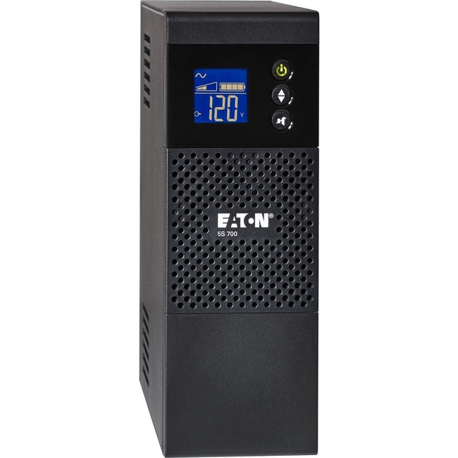 Eaton 5S700LCD 700 VA line-interactive UPS with LCD display and USB port, providing battery backup and power protection.