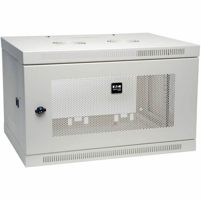 Eaton Tripp Lite SmartRack 6U low-profile wall-mount mini rack enclosure in white, with ventilation and mounting rails visible.