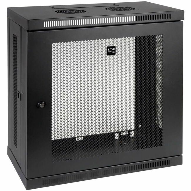 Eaton Tripp Lite SmartRack 12U low-profile wall-mount rack enclosure with patch-depth design for server and network equipment.